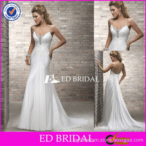 Plus Size rs103 Spaghetti Straps Crystal Beading Gathered Ruched Chiffon White Wedding Dresses For Pregnant Women